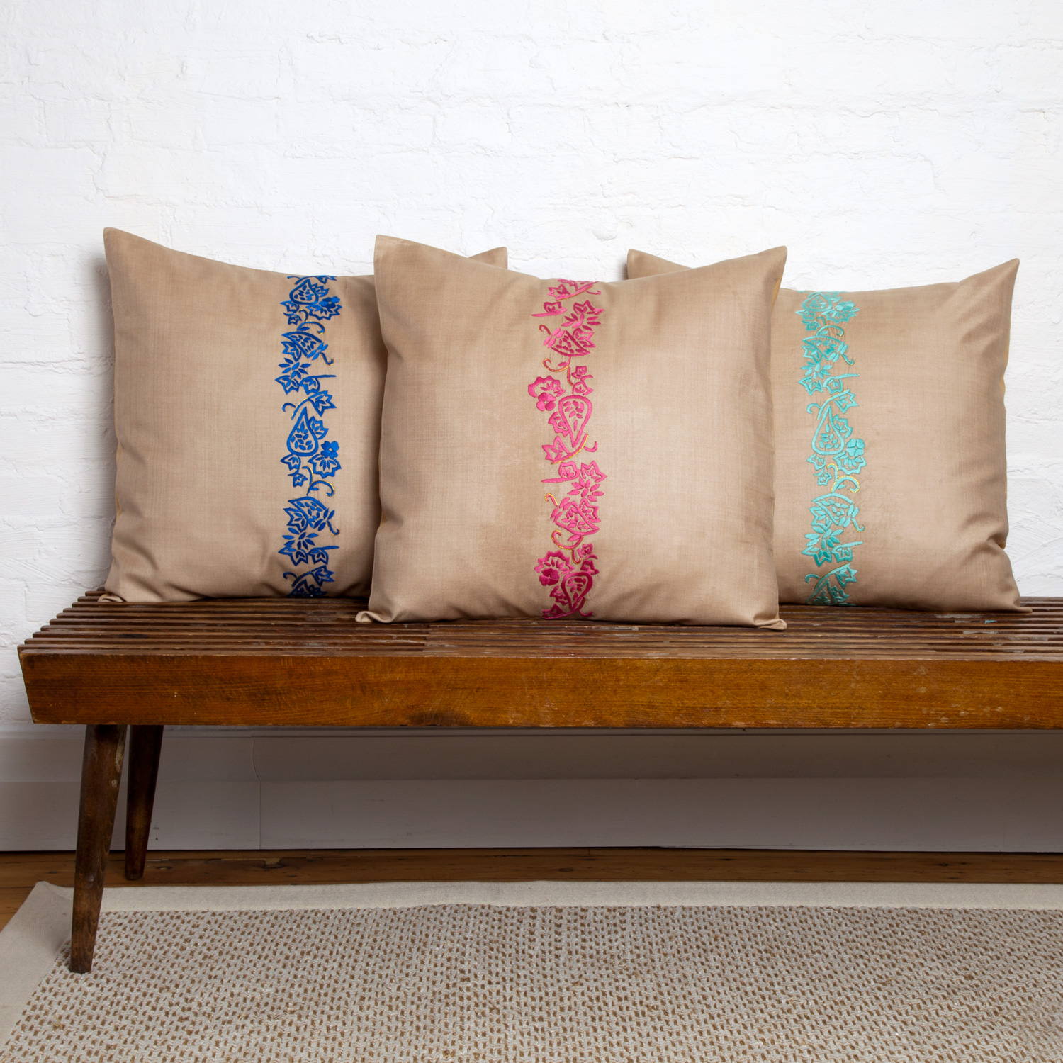 Tan Silk Pillow Cover Collection Hand Embroidered Bela Gold Vine